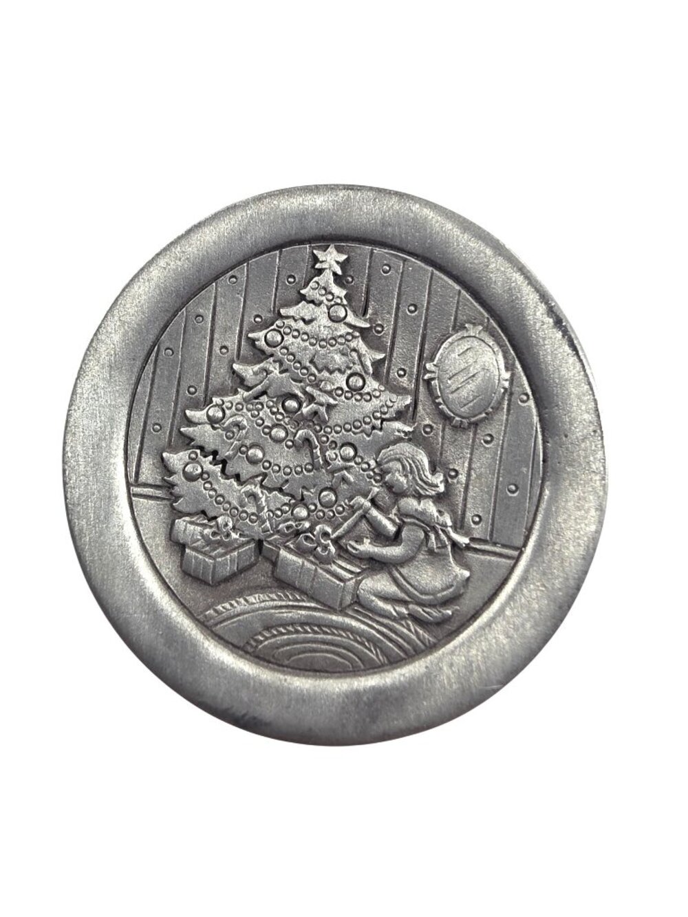 Spoontiques Pewter Christmas Collector Plate 1982 Girl Decorating Tree